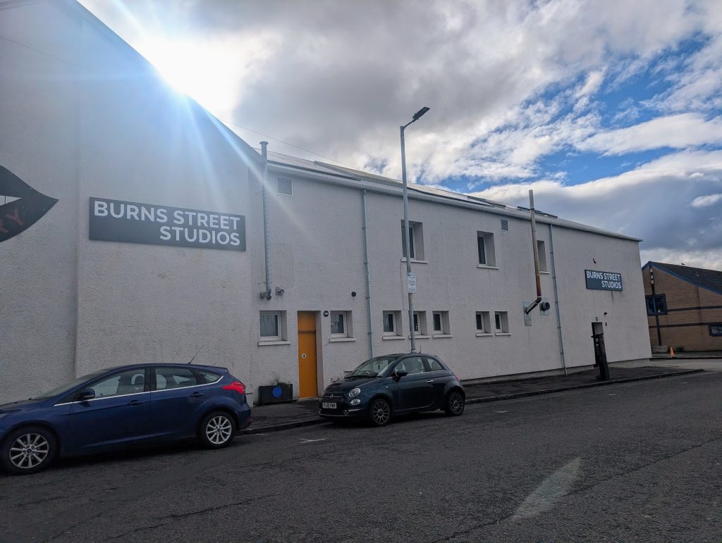 Exterior of Burns Street Studios, a community arts, rehearsal and exhibition venue in Glasgow